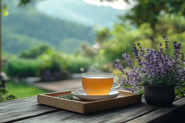 Cup of herbal tea on a wooden tray next to a peaceful garden view 