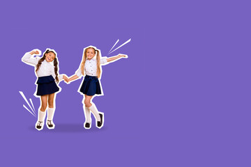 Composite photo collage of happy blonde brunette schoolgirls dance education wear uniform classmates isolated on painted background