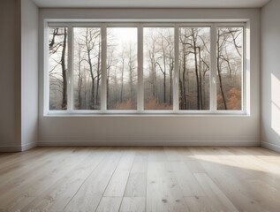 Fototapeta premium Empty Room with Large Window Showing a View of a Winter Forest