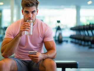 A fit man sitting in a gym, enjoying a drink while checking his phone, showcasing a healthy lifestyle and fitness routine.