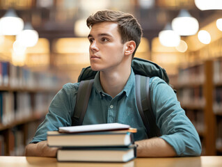 A focused young man sits in a library, surrounded by books, deep in thought while preparing for his studies.