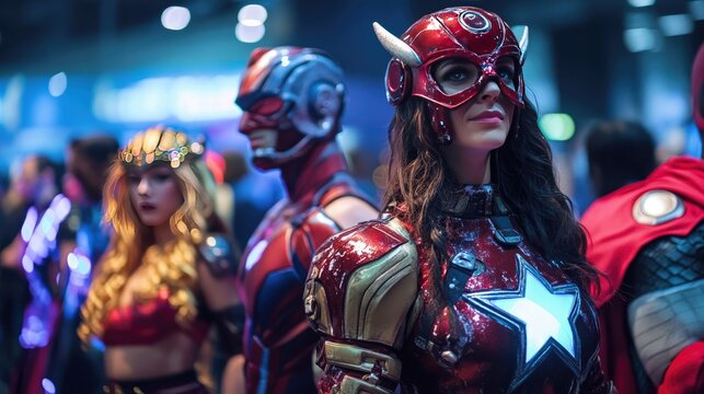 A cosplay contest at a comic convention with participants in elaborate costumes