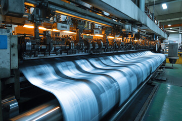 Fototapeta premium Newspaper printing press with fresh copies rolling off