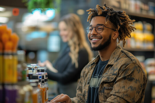 Smiling employee helping a client at a retail counter
