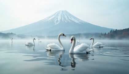Elegant white swans swim on a foggy lake with Mount Fuji in the background, creating a serene, tranquil atmosphere.







