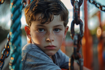 Excited happy children playing outdoors alone with friends mom dad family, urban city town modern playground, Generative AI