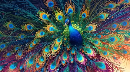 A vibrant and majestic peacock showcasing its colorful feathers in a stunning, abstract digital artwork that emphasizes elegance, beauty, and intricate detail.