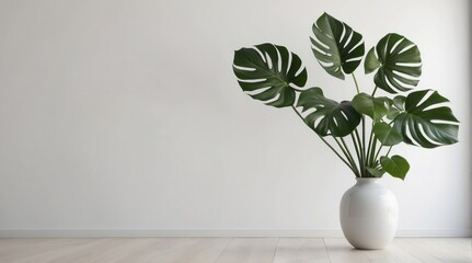 A White Vase with Monstera Deliciosa Plant Against a White Wall