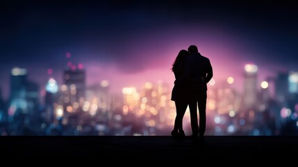Silhouetted couple on a rooftop watching the city lights, combined with modern, geometric patterns and a twilight color scheme