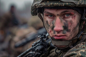 Fototapeta premium Generated with AI photo of confident soldier fighting battlefield