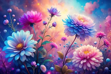 Obraz premium Vibrant watercolor flowers burst forth on a gradient backdrop of pink, purple, and blue hues, a kaleidoscope of color and beauty.