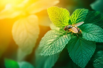 Detailed Close-Up of a Fly on a Green Leaf with Light-Catching Wings and Copy Space