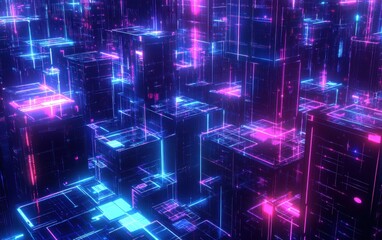 Obraz premium Abstract Neon Cityscape Futuristic 3D Render with Blue and Pink Glowing Lines