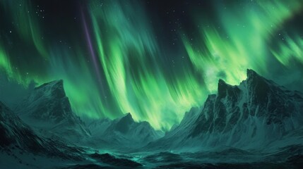 An ethereal image of the Northern Lights in motion above a rugged mountain range, with the green and purple hues creating a stunning display.