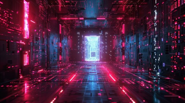 A futuristic, neon-lit tunnel filled with digital interfaces and glowing lights, ideal for illustrating concepts of advanced technology, virtual reality, or cybersecurity applications,
