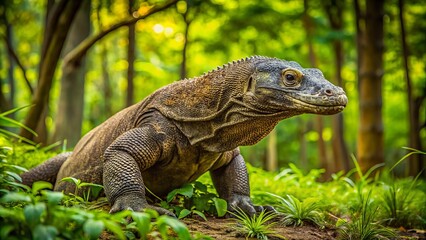 Fototapeta premium Photo image of a komodo dragon roaming freely in the lush tropical forests of East Nusa Tenggara, Indonesia, its scaly body blending with the surroundings.