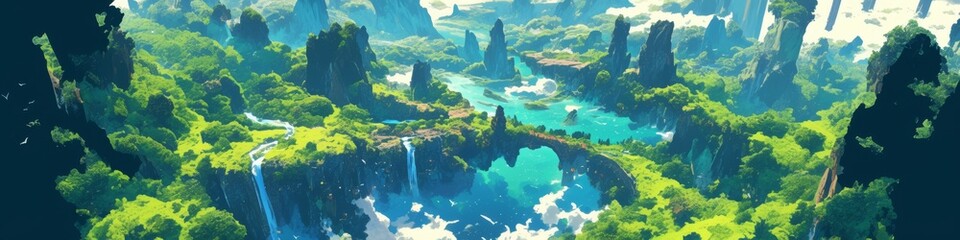 Fototapeta premium Enchanted Forest Game Board: Top-View Fantasy Landscape with Floating Islands. Abstract Anime-Style Concept Art for Video Games, Book Illustrations, and Marketing Campaigns. Minimalist Digital Paintin