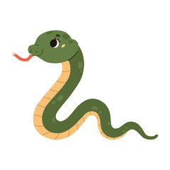 Cute funny snake with big eyes and cheeks. A satisfied green reptile with a yellow striped belly crawls. Kawaii character. Wild animal. Cartoon style. Vector illustration isolated on white background.