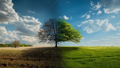 Obraz premium Climate Change Concept with Half Dead Tree and Lush Greenery