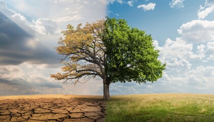 Climate Change Concept with Half Dead Tree and Lush Greenery