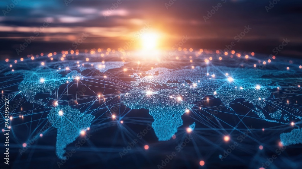 Poster a 3d rendering of a digital network, with lines and points connecting globally.