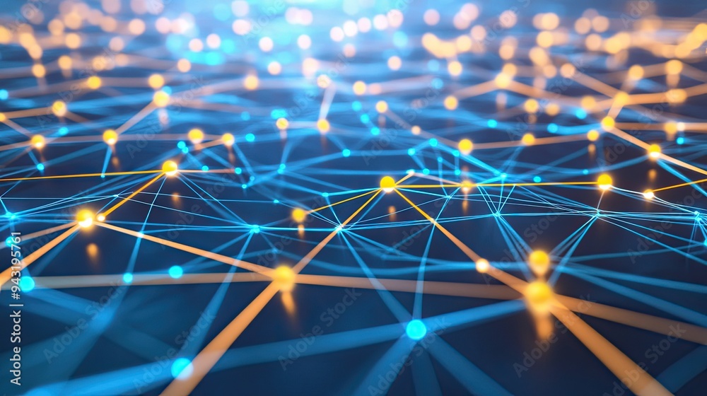 Poster a 3d rendering of a digital network, with lines and points connecting globally.