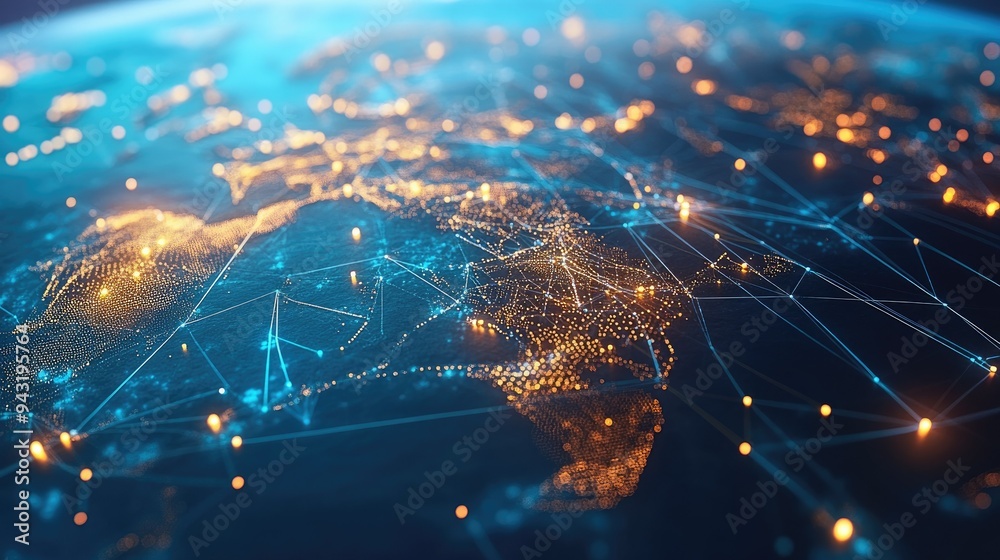 Poster a 3d rendering of a digital network, with lines and points connecting globally.