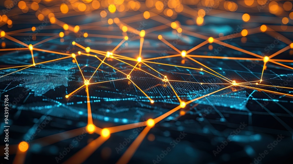 Poster a 3d rendering of a digital network, with lines and points connecting globally.