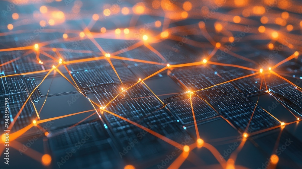 Poster a 3d rendering of a digital network, with lines and points connecting globally.