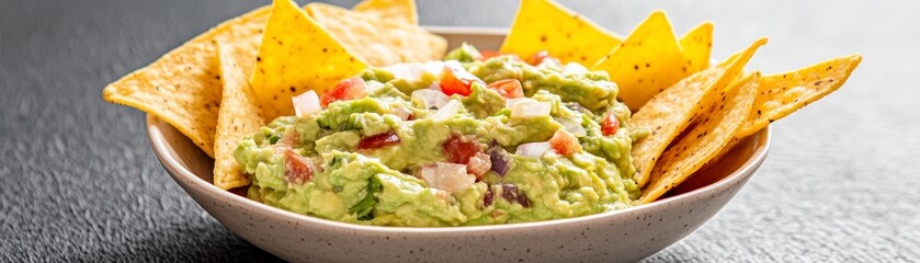 delicious guacamole dip with crunchy tortilla chips in a bowl, close-up photography.
