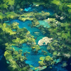 Fototapeta premium Enchanted Forest Game Board: Top-View Fantasy Landscape with Floating Islands. Abstract Anime-Style Concept Art for Video Games, Book Illustrations, and Marketing Campaigns. Minimalist Digital Paintin