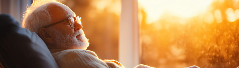 Elderly man relaxing at home, gazing thoughtfully out the window at a vibrant sunset, reflecting peace and tranquility.