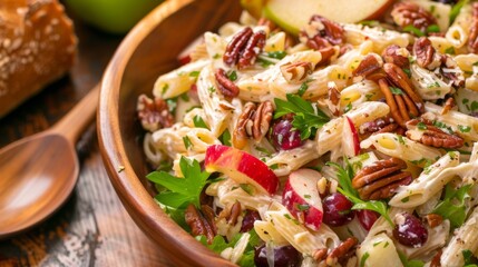 Gourmet Apple Pecan Pasta Salad in Wooden Bowl. Apple, Grape and Pecan Pasta Salad
