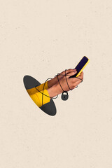 Creative drawing collage picture of hands hold telephone social media addiction chain prisoner...