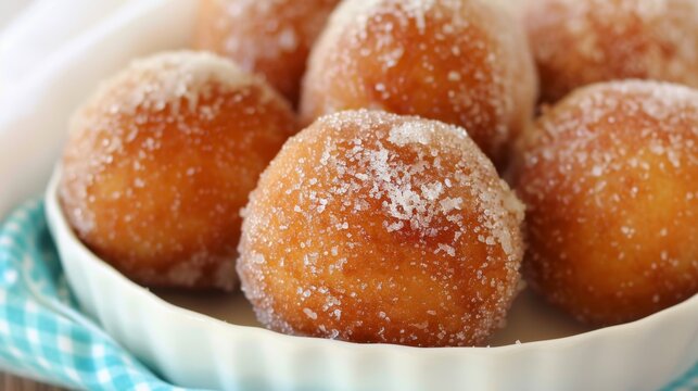 Sugared Dough Balls on Plate - Close-Up Delicious Dessert Image