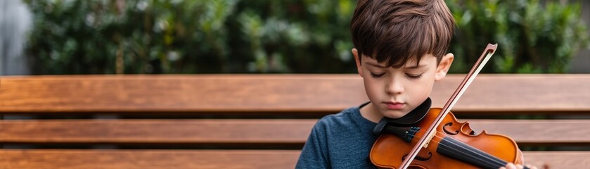 Fototapeta premium young boy concentrating on playing violin on a wooden bench in a park, artistic music education, talent and passion for classical music, child musician, creative hobbies, outdoor music performance, i
