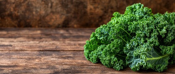 fresh green curly kale on rustic wooden tabletop - organic superfood, healthy eating, vegan diet, food photography, natural ingredients.