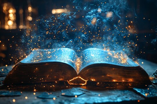 Halloween themed collage of a magical open book casting dark spells, perfect for party invitations, haunted events, or seasonal promotions with copy space.