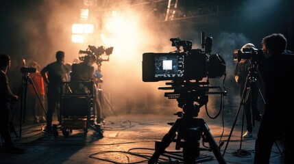 Fototapeta premium A film crew setting up cameras and lighting for a dramatic scene