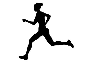Young athletes run a marathon. Isolated silhouettes on white background