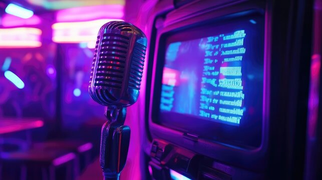 A karaoke machine with a microphone and screen displaying lyrics in a party setting