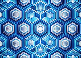 Geometric pattern of interlocking hexagonal shapes in shades of blue and white, creating a mesmerizing and modern visual effect with depth and symmetry.