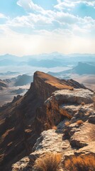Obraz premium Atop a Rugged Mountain Ridge overlooking a Vast, Hazy Desert Landscape