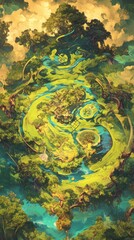 Enchanted Forest Game Board: Top-View Fantasy Landscape with Floating Islands. Abstract Anime-Style Concept Art for Video Games, Book Illustrations, and Marketing Campaigns. Minimalist Digital Paintin