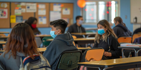 Students wearing masks in socially distanced classroom during pandemic