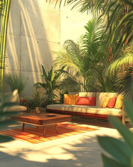 Fototapeta premium Stylish Modern Living Room with Sofa, Armchair, Coffee Table, and Wooden Accents, Featuring Neutral Tones and Boho Decor with Concrete Wall and Natural Light.