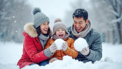 Happy family playing in the snow with copy space