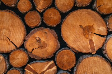 Fototapeta premium Natural log pile. round teak log texture. Background pattern interior wall decoration photo.