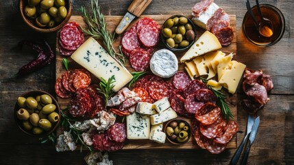 An overhead shot of a charcuterie board with an assortment of cheeses, cured meats, olives, and bread, set on a rustic wooden table.