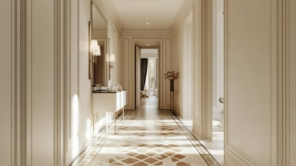 A bright hallway with a patterned floor, elegant lighting, and a large mirror creating an airy atmosphere.